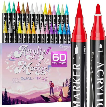 60 Colors Dual Tip Acrylic Paint Markers,Fine Tip and Brush Tip Permanent Acrylic Paint Pens For Rock Painting, Canvas, Wood, Glass, Ceramic, Fabric, Plastic, Egg, Scrapbook,Art Painting Supplies Kit