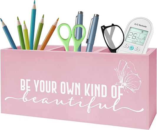 Be Your Own Kind of Beautiful Makeup Brush Toothbrush Holder, Pink Inspirational Wooden Pen Pencil Holder Organizer for Dorm Bedroom Desk Accessories, Back to School Gifts for Girls