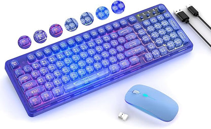 Blue Light Up Keyboard and Mouse Wireless,Cute 2.4Ghz Cordless Rechargeable Transparent Backlit Keyboard,15 Backlight Effects,Volume Knob,RGB Mouse with 3 DPI for Mac Computer PC Laptop Desktop iPad