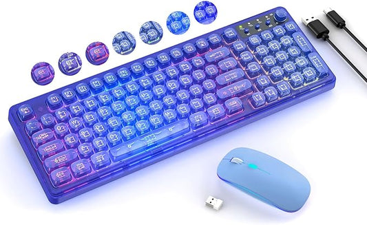 Blue Light Up Keyboard and Mouse Wireless,Cute 2.4Ghz Cordless Rechargeable Transparent Backlit Keyboard,15 Backlight Effects,Volume Knob,RGB Mouse with 3 DPI for Mac Computer PC Laptop Desktop iPad
