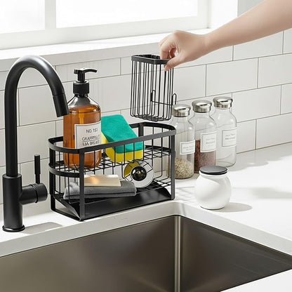 Kitchen Sink Organizer Caddy, 2 Tier Sink Caddy Organizer with High Brush Holder, Rust-Proof Countertop Rack (Black 10.6 * 4.3 * 5.7") for Kitchen Accessories & Dish Brushes