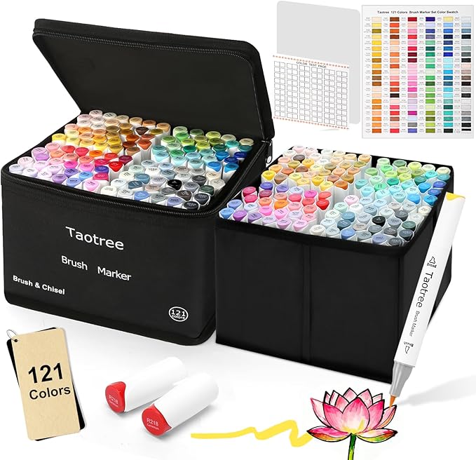 Taotree Alcohol Brush Markers Art Supplies, 121 Colors Dual Tip Art Coloring Markers Pens, Brush & Chisel Tip Sketch Pens, Drawing Supplies Gift for Artist Adult Coloring Book Painting, Sketching