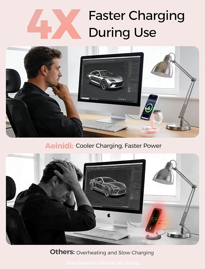 2026 3 in 1 Wireless Charging Station Compatible with MagSafe, 15W Fast Magnetic Mag-Safe Charger Stand for Apple iPhone 17 16 15 14 13 12 iWatch AirPods Pro 4 3 2, Pink