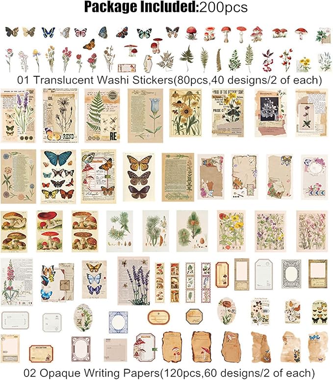 200PCS Vintage Scrapbooking Supplies Kit for Journaling, Scrapbook Sticker Paper Pack for for Bullet Journals Junk Journal Planners Aesthetic Cottagecore Room Decor Wall Art Collage Album (Nature)