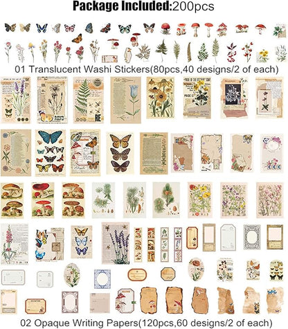 200PCS Vintage Scrapbooking Supplies Kit for Journaling, Scrapbook Sticker Paper Pack for for Bullet Journals Junk Journal Planners Aesthetic Cottagecore Room Decor Wall Art Collage Album (Nature)