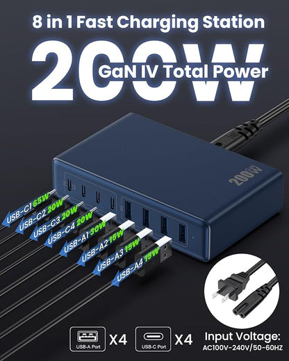 200W USB C Charger Block,GaN IV Charging Station 8 Ports,QC4.0 Fast Charging Station Hub+PD 65W USB C Laptop Charger Adapter Compatible with MacBook Air/Pro,DELL,iPhone 17/16,iPad,Steam Deck-Deep Blue