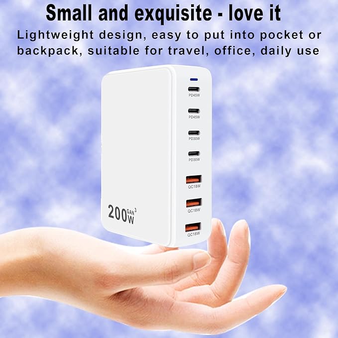 USB C Charger 200W USB C Charger Block, Upgraded GaN 7-Port Fast Charging Station Hub,PD 45W Laptop Charger Adapter, Compatible with MacBookAir/Pro, DELL, iPhone16/15, iPad, Steam (White)