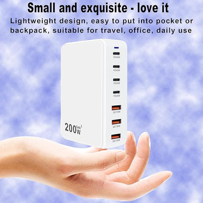 USB C Charger 200W USB C Charger Block, Upgraded GaN 7-Port Fast Charging Station Hub,PD 45W Laptop Charger Adapter, Compatible with MacBookAir/Pro, DELL, iPhone16/15, iPad, Steam (White)