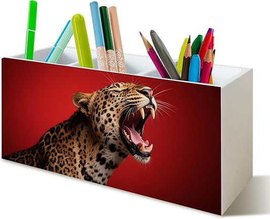 Trendy Retro Leopard Print Pen Pencil Holder Organizer for Desk, Leopard Gifts for Women, Preppy Cheetah Dark Red Wooden Box Block Sign for Home Office Tabletop Decor