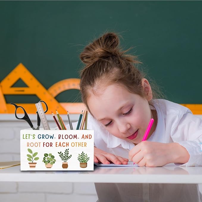Boho Classroom Decor, Let's Root for Each Other Inspirational Pen Holder for Desk, Positive Botanical Wooden Box Sign Desk Decor for Office Home Decoration, Motivational Pencil Organizer