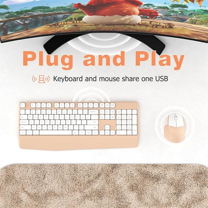 Wireless Keyboard and Mouse Combo, Ergonomic Keyboard with Wrist Rest and Mouse, 2.4Ghz Wireless Connection, Compatible with PC/Laptop/Windows/Mac for Home and Office Use (White Milk Tea)