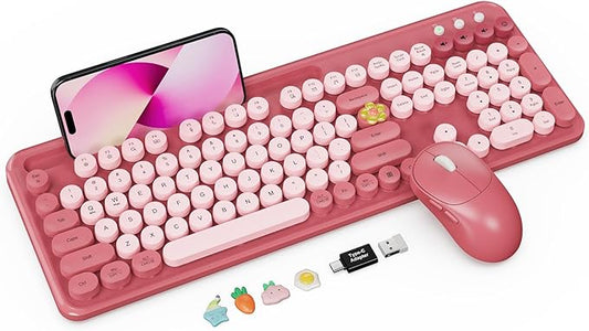 Wireless Keyboard and Mouse Combo with Phone/Tablet Holder, Cute Full-Size Typewriter-Style Keyboard, Retro Round Keycaps, 3-Level DPI Mouse, 2.4GHz Cordless Connection for Windows/PC/Laptop (Pink)