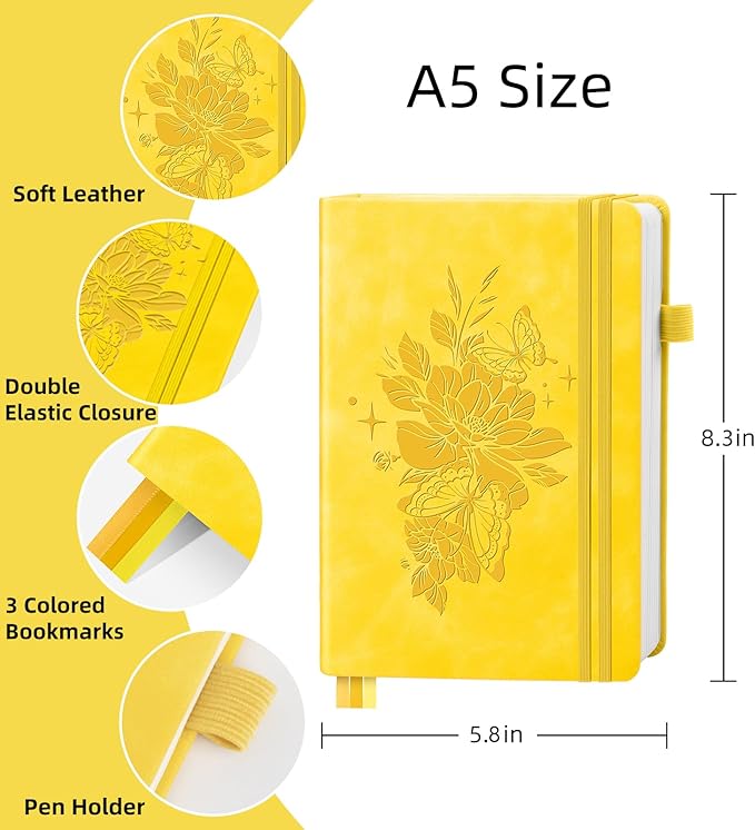 Lined Journal Notebook 365 Pages, A5 Leather Journals for Writing Women & Men, Hardcover Notebook with 100GSM Thick Paper, Daily Journal Notebook for Travel, Work, School, Note Taking, College Ruled