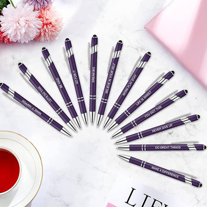 Zonon 12 Pcs Inspirational Pens Bulk Funny Ballpoint Pen with Stylus Tip Motivational Gifts for Christmas Teacher Coworkers Nurse School Office Supplies(Dark Purple,Motivational Style)