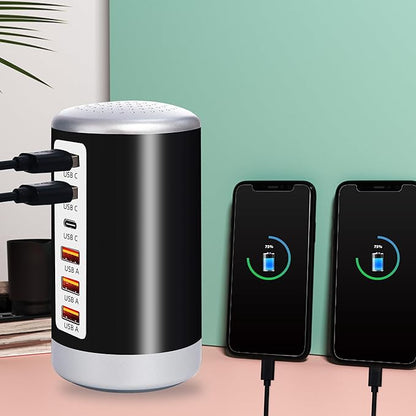 60W USB Charging Station, 6-Port (3 USB-A & 3 USB-C) Compatible with iPhone 15/14/13/12/11, Tablets, Smartphones Black