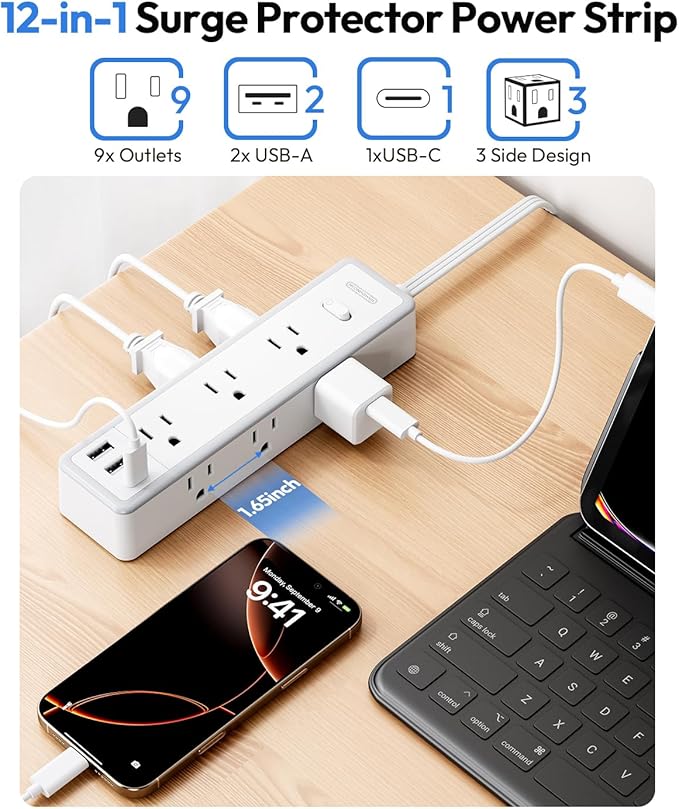 Flat Extension Cord 15 FT, Surge Protector Power Strip with 9 Widely Outlets and 3 USB (1 USB-C), Extension Cord with Multiple Outlets, 1080 Joule, Wall Mount, for Home Office, Dorm,White