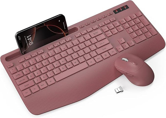 Wireless Keyboard and Mouse Combo - Full-Sized Ergonomic Keyboard with Wrist Rest, Phone Holder, Sleep Mode, Silent 2.4GHz Cordless Keyboard Mouse Combo for Computer, Laptop, PC, Mac, Windows -Trueque