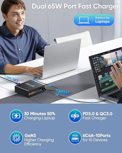 460W USB C Charger Block, 10-Port Charging Station GaN Fast Charger Block Type C & USB A Wall Charger, Dual 65W Laptop Multiport for iPhone 17, iPad, MacBook Pro/Air, Samsung Galaxy, Android(Grey)