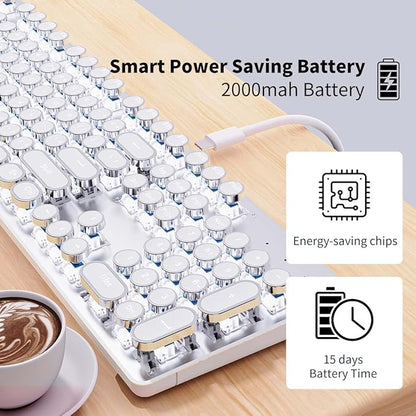 TK950 Wireless Typewriter Keyboard and Mouse Combo,104 Keys Retro Typewriter Mechanical Keyboard with White Backlit, Anti-Ghosting, Blue Switch, Bluetooth/2.4G/Wired Cute Gaming Keyboards-White