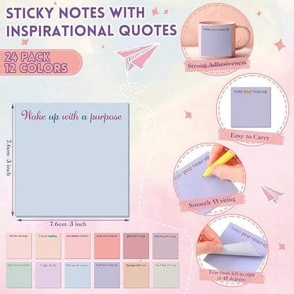 Yinder 24 Pcs Inspirational Sticky Notes Christmas Stocking Stuffers Motivational Sticky Notes Pad Employee Appreciation Gift Bulk for Teacher Nurse Coworker Office 3 x 3'' (Inspire,Aesthetics)