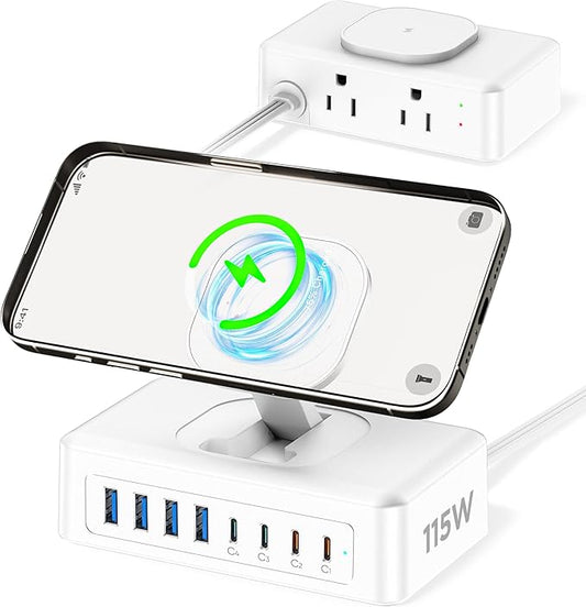 11-in-1 Charging Station USB-C Power Strip, 115W USB C Charger Block, 2AC Outlets 8USB Ports(4USB-C) Surge Protector, 5FT Flat Plug Extension Cord, PD65W Desktop Fast Charging for Home Office, White