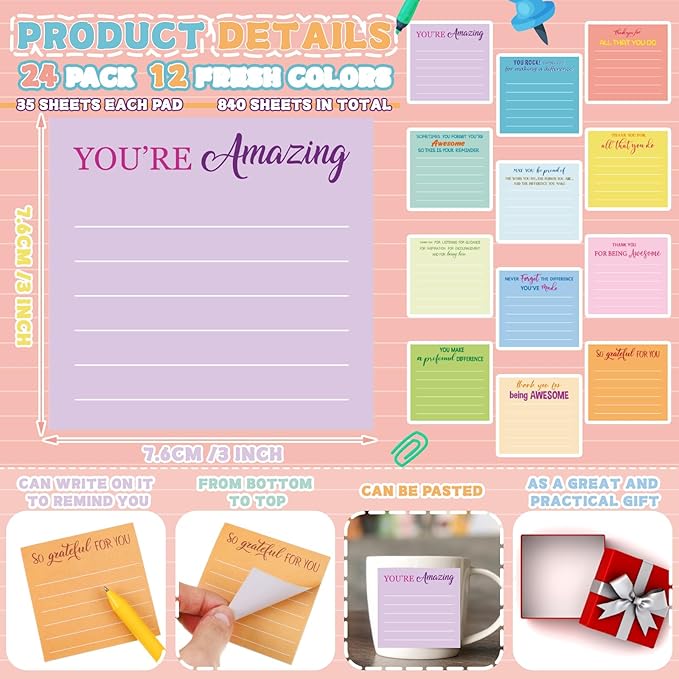 Yinder 48 Pcs Employee Appreciation Sticky Notes Xmas Gift Bulk Motivation Note Pads Mini Inspirational Note Gift for Teacher Nurse Staff Coworker Office Supply 3 x 3'' (Appreciation,Light Color)