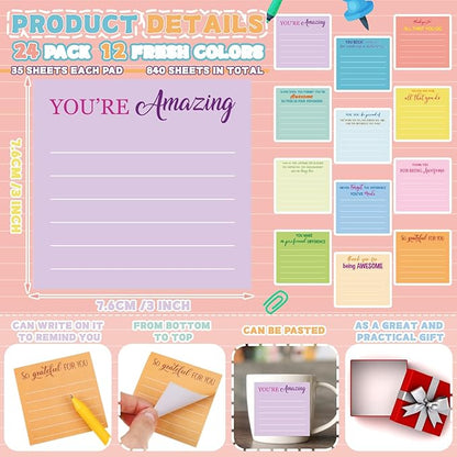Yinder 48 Pcs Employee Appreciation Sticky Notes Xmas Gift Bulk Motivation Note Pads Mini Inspirational Note Gift for Teacher Nurse Staff Coworker Office Supply 3 x 3'' (Appreciation,Light Color)