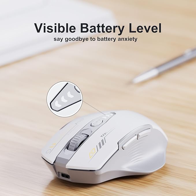 Uineer Wireless Mouse,[Upgraded] Rechargeable 2.4GHz (Battery Level Visible) Ergonomic Computer Mouse,4 Levels DPI, Wireless Mice for Laptop PC Computer(Grey and White)