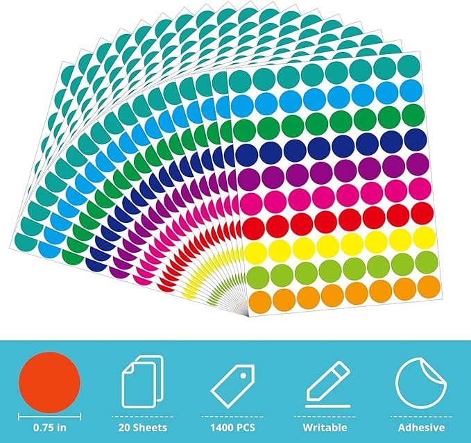 1400 PCS Colored Dot Stickers Round Color Coding Labels Polka Circle Dot Label Sticker for Office, Classroom, Yard Sale, Garage Sale(10 Colors, 3/4 inches)
