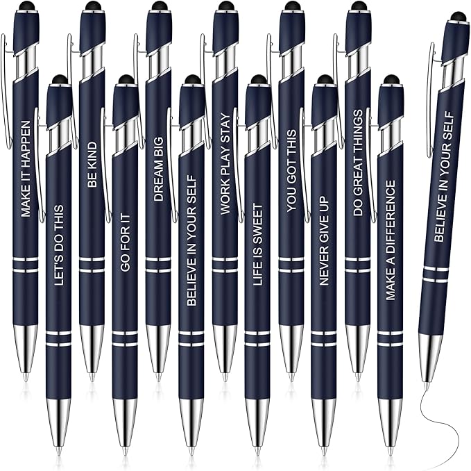 Zonon 12 Pcs Inspirational Pens Bulk Funny Ballpoint Pen with Stylus Tip Motivational Gifts for Christmas Teacher Coworkers Nurse School Office Supplies(Navy,Motivational Style)