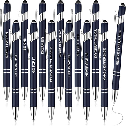 Zonon 12 Pcs Inspirational Pens Bulk Funny Ballpoint Pen with Stylus Tip Motivational Gifts for Christmas Teacher Coworkers Nurse School Office Supplies(Navy,Motivational Style)