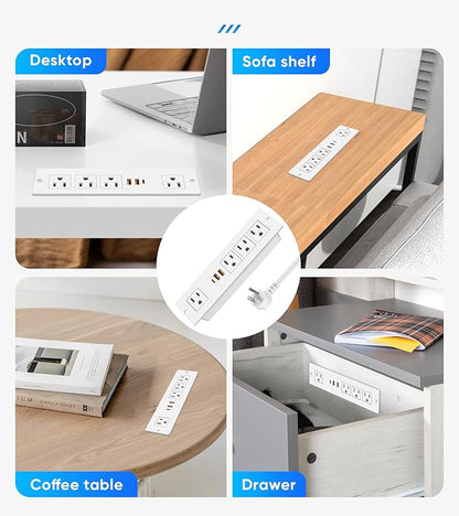 VILONG Recessed Power Strip with PD 20W USB-C, Flush Mounted Drawer Outlet, 4 Outlets & 3 USB Ports, Conference Desktop Built in Power Strip, 6.5FT Extension Cord(White)