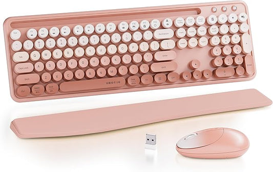 UBOTIE Wireless Keyboard and Mouse Combo with Phone Holder and Wrist Rest, Round Colorful Keys, Power Switches, 2.4GHz USB Receiver, Full-Size QWERTY Layout for PC Laptop（Peach