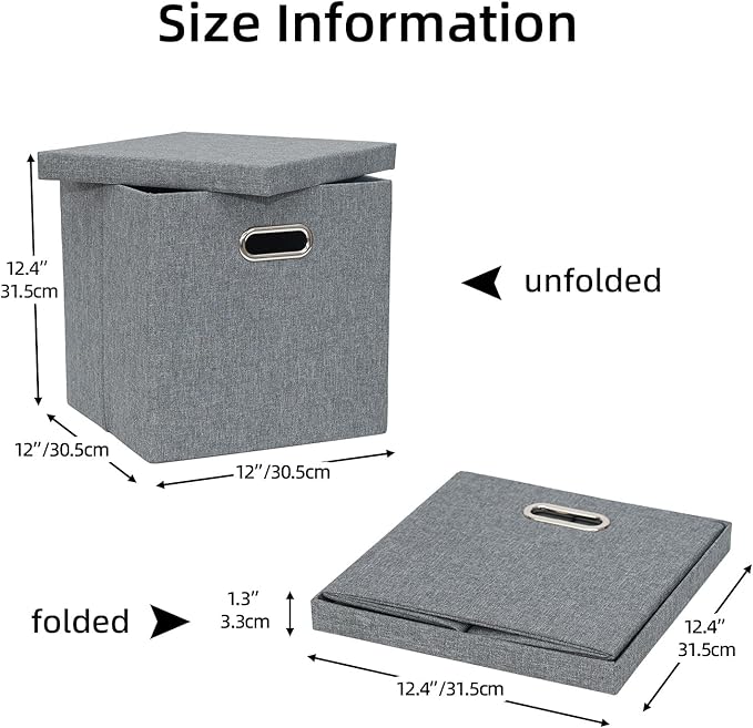 Storage Bins with Lids, Collapsible Linen Fabric Boxes Organizer Containers with Lid Foldable Storage Box Basket for Closet, Shelves, Home, Office, 12 x 12 x 12.4 Inch, 4 Pack, Dark Gray