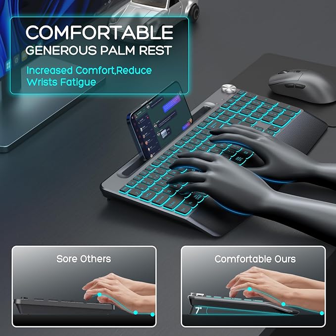 Backlit Keyboard and Mouse Combo, 7 Colors Wireless Keyboard Ergonomic with Wrist Rest and Volume Knob,Phone Holder,Rechargeable with Light Up Keyboard for Laptop, PC, Mac, Windows -Black