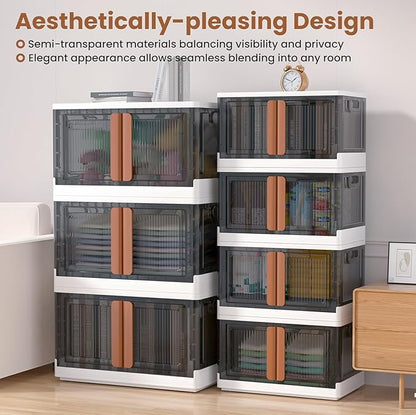 LCG 3-Tier Foldable Plastic Storage Bins with Lids and Doors, 57 Gallon (19 Gal x 3pack), Stackable Organizer Drawer (Large)