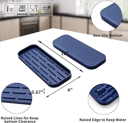 Silicone Kitchen Sink Organizer Tray for Multiple Usage,Eco-Friendly Sponges Holder for Kitchen Bathroom Counter or Sink,Dish Soap Dispenser,Scrubber,Bottle,Cup (Navy Blue, 12"×4")