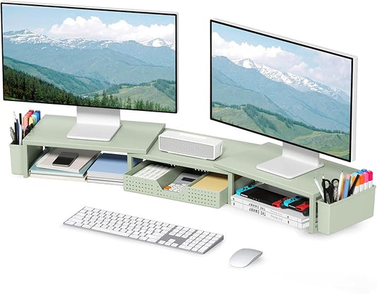 Desk Organizers and Accessories, Dual Monitor Stand Riser with Drawer and 2 Pen Holders, Desk Shelf Metal Computer Monitor Stand for Office Workspace Organizers, Desktop Organization (Green)