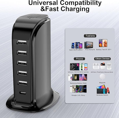 USB Charger Block with Type C, 6-Port Chargers for Multiple Devices, USB Charging Hub with Smart IC, Charger Station for Phone/Tablet/Gaming, Wall Charger Adapter Compact&Portable
