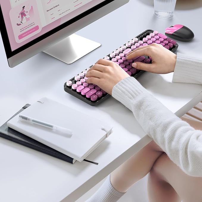 MOFII Wireless Keyboard and Mouse Combo, Full Size 2.4G Plug and Play Typewriter Retro Round Computer Keyboard and Mouse Set for Windows, Computer, Desktop, PC, Notebook - (Black Pink Gradient)