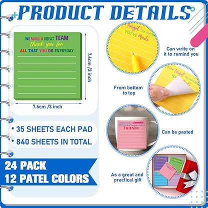 Yinder 24 Pcs Inspirational Sticky Notes Christmas Stocking Stuffers Motivational Sticky Notes Pad Employee Appreciation Gift Bulk for Teacher Nurse Coworker Office 3 x 3'' (Thank You,Dark)