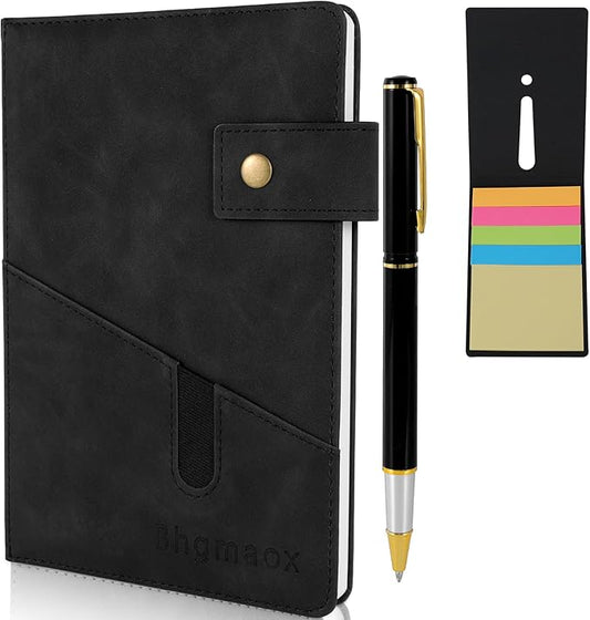 A5 Black Lined Journal Notebook, Hardcover Leather Notebook with Pen and Sticky Notes for Work, School, Travel, Business, Home Writing, Note Taking, 200 Pages 100 Gsm Thick Ruled Paper Daily