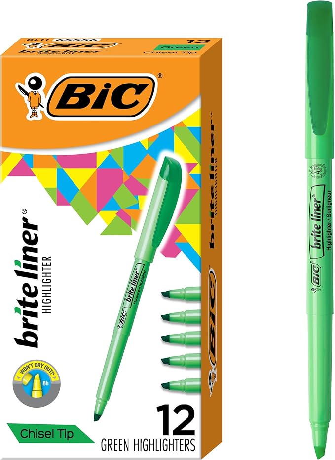 BIC Brite Liner Highlighters, Chisel Tip, 12-Count Pack of Green Highlighters, Ideal Highlighter Set for Organizing and Coloring