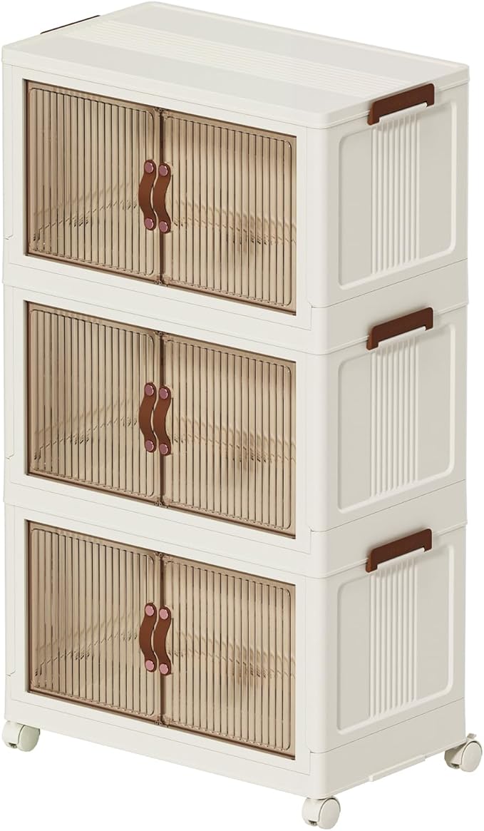 35 QT Large Plastic Storage Bins with Lids Open Front, Stackable Storage Containers with Wheels for Clothes, Home, Room, White, 3 Tiers