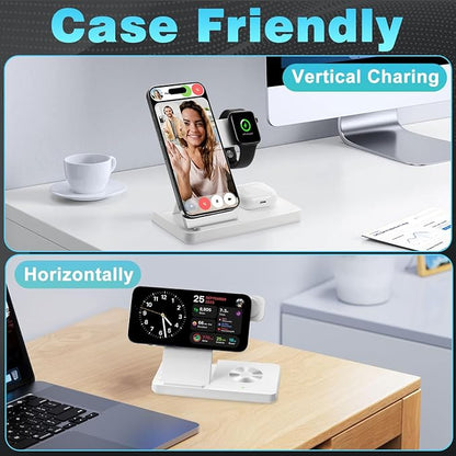 Magnetic 3 in 1 Charging Station for Multiple Devices,Mag-Safe Wireless Charger for iWatch & Airpods Pro 3 2, Foldable Charging Stand Dock for iPhone 12-16 Series with Adapter(White)
