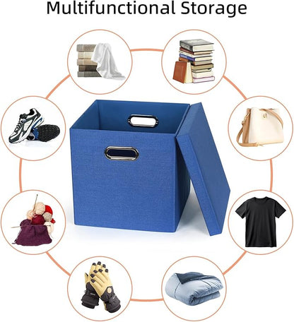 Storage Bins with Lids, Collapsible Linen Fabric Boxes Organizer Containers with Lid Foldable Storage Box Basket for Closet, Shelves, Home, Office, 11 x 11 x 11.4 Inch, 4 Pack, Dark Blue
