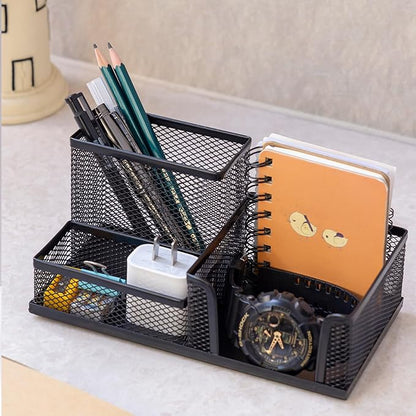Pen Holder Mesh Metal Pencil Holder Desk Organizers Black for Desk Office with 3 Compartments Pencil Holders,Desktop Storage Caddy Organization,Suitable for School, Home,Black