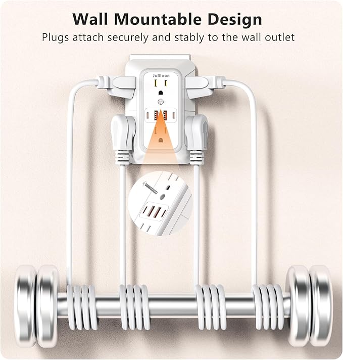 USB Wall Charger Power Strip Surge Protector with 4 USB Ports (2 USB C) Plug Extension Multiple Outlets Plug Extension Multi Outlet Plug in Adapter Spaced Outlets for Home Office Travel,White (White)