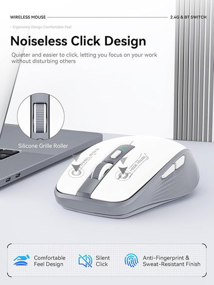 Bluetooth Mouse, Bluetooth 5.1 + 2.4GHz USB + USB-C Dongle, Wireless Mouse Tri-Mode, with Forward/Backward Side Keys, Silent Click, Side Buttons, Portable for Laptop, Mac, iPad (Gray White)