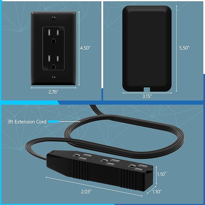 LIDER Flat-Face Outlet Extender with 3 Receptacles, Ultra-Thin Wall Plate Plug with Cord Extender and 3-Outlet Power Strip, 3ft Cord, LWE3-315-BK2P, ETL-Listed, Black, 2 Pack